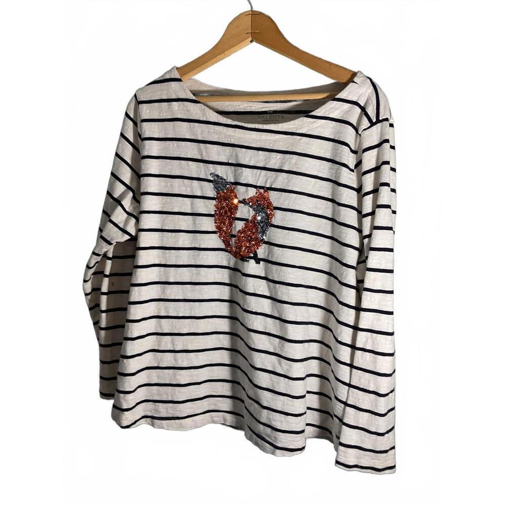 Talbots Striped Long Sleeve Shirt with Novelty Sequin Fox Design 2XP